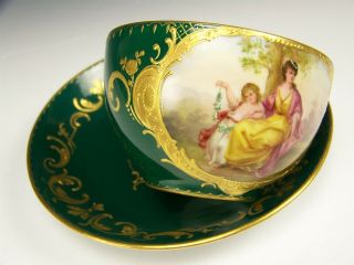 ROYAL VIENNA HAND PAINTED CUPID MAIDEN GREEN RAISED GOLD TEA CUP & SAUCER 9