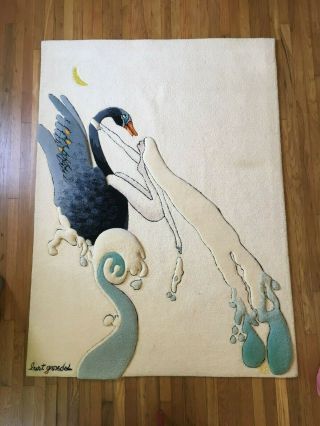 Rare Edward Fields Rug - Artist Burt Groedell - Leda Swan Tapestry Carpet