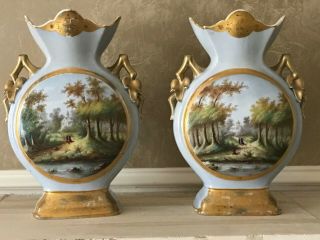 Pair Antique Old Paris France Handpainted Signed By Artist Porcelain Scenic Vase