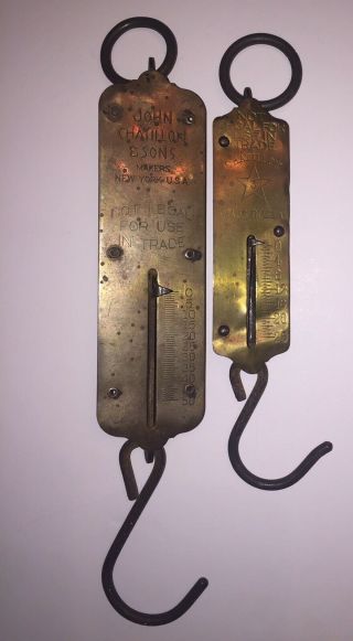 2 Antique Brass Spring Hanging Scales John Chatillon And Sons Ny 25 Lbs 50 Lbs