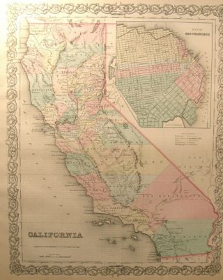 ANTIQUE COLOR ENGRAVING MAP CALIFORNIA 1859 COLTON ' S GENERAL ATLAS SAN FRANCISCO 12
