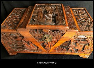 Old Chinese Camphor Wood Hand Carved Chest - Sea And Dragon Scenes - Captains Chest?
