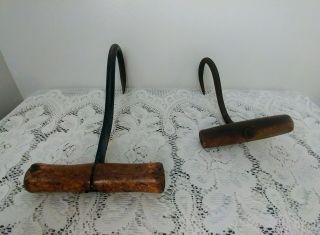 Antique Vtg Farm Hay Hooks W/wooden Handles Ranch Iron Tools 1 Marked