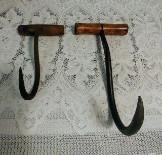 Antique Vtg Farm Hay Hooks w/Wooden Handles Ranch Iron Tools 1 Marked 2