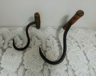 Antique Vtg Farm Hay Hooks w/Wooden Handles Ranch Iron Tools 1 Marked 4