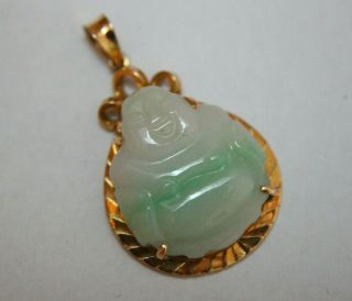 Viintage 18k Gold Pendant With Green Jade Laughing Buddha Marked 750
