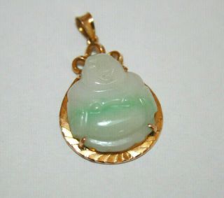 Viintage 18K Gold Pendant with Green Jade Laughing Buddha Marked 750 2