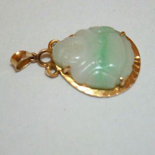Viintage 18K Gold Pendant with Green Jade Laughing Buddha Marked 750 8