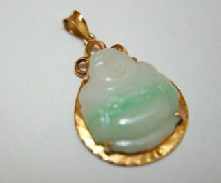 Viintage 18K Gold Pendant with Green Jade Laughing Buddha Marked 750 9