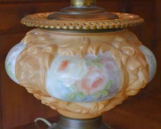 VICTORIAN ERA GONE WITH THE WIND LAMP LION HEADS HAND PAINTED ROSES ELECTRIFIED 10