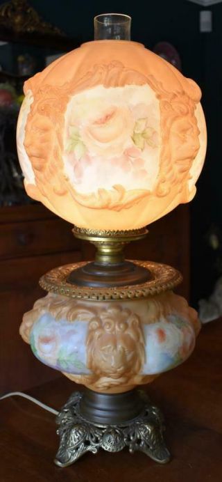 VICTORIAN ERA GONE WITH THE WIND LAMP LION HEADS HAND PAINTED ROSES ELECTRIFIED 11