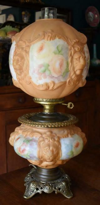 Victorian Era Gone With The Wind Lamp Lion Heads Hand Painted Roses Electrified