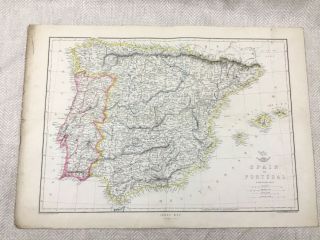 Antique Map Of Spain Portugal Europe Old Hand Coloured 19th Century