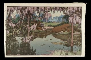 Vintage Hiroshi Yoshida Japanese Woodblock Print Art Wisteria Flowers