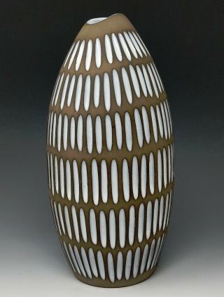 Vtg 1953 Upsala Ekeby Vase Ingrid Atterberg Brown & White Incised Design,  Midmod