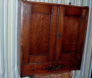 Vintage English OAK two door wall cabinet w/ divided interior / drawer / 2 keys. 2