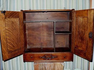 Vintage English OAK two door wall cabinet w/ divided interior / drawer / 2 keys. 5