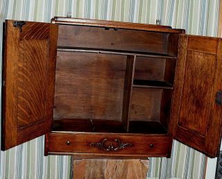 Vintage English OAK two door wall cabinet w/ divided interior / drawer / 2 keys. 6