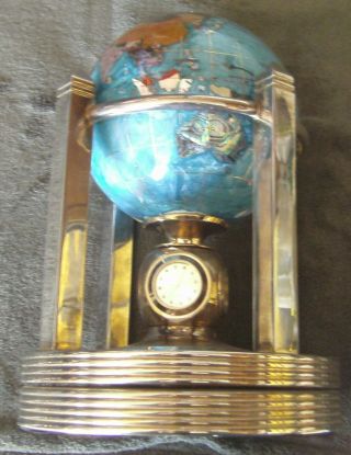 Alexander Kalifano Rotating Clock Mother of Pearl Gemstone Globe Silvertone 5