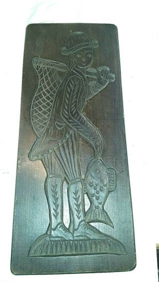 Large Carved Wood Antique Cookie Mold Boy W Fish,  Net Springerle Speculaas 19 "