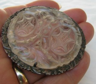 Turn Of The Century Chinese Clear Or White Jade Carved Pendant,  Etched Silver