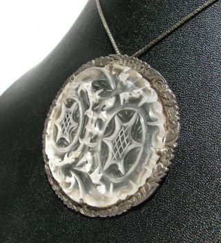 Turn of the Century Chinese Clear or White Jade Carved Pendant,  Etched Silver 2