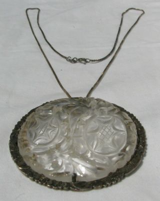 Turn of the Century Chinese Clear or White Jade Carved Pendant,  Etched Silver 5