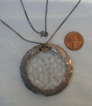 Turn of the Century Chinese Clear or White Jade Carved Pendant,  Etched Silver 7