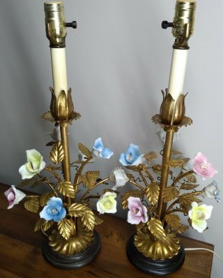 Vintage Italian Gold Gilt Tole & Porcelain Flower Bouquet Table Lamps 2