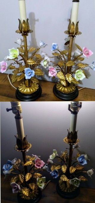 Vintage Italian Gold Gilt Tole & Porcelain Flower Bouquet Table Lamps 2 2