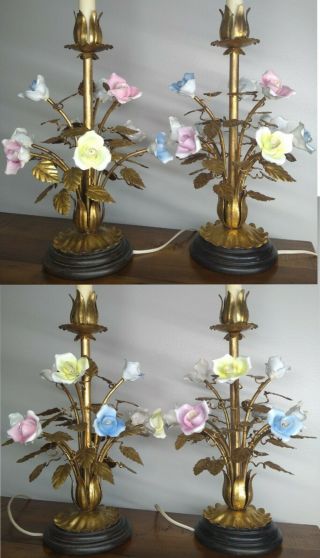 Vintage Italian Gold Gilt Tole & Porcelain Flower Bouquet Table Lamps 2 3