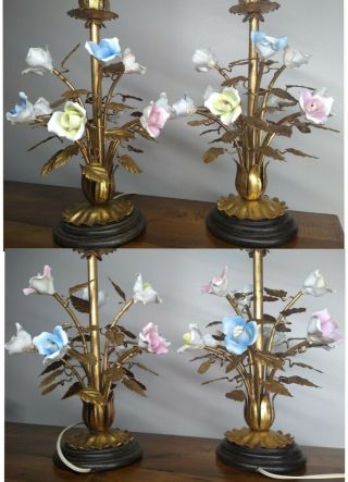 Vintage Italian Gold Gilt Tole & Porcelain Flower Bouquet Table Lamps 2 4