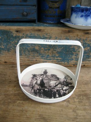 Antique Round Tin Kreamer Basket Old Photo Print Horses & Wagon