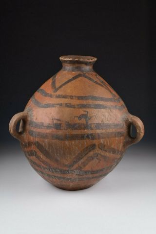 2000 Bc Chinese Neolithic Period Pottery Pot / Handled Jar W/ Painted Designs