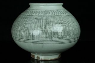 May216f Korean Porcelain Mishima Black Inlay Jar Pot Vessel Vase