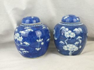 THREE 19TH C CHINESE KANGXI MARKS BLUE & WHITE PRUNUS PORCELAIN JARS AND COVERS 3
