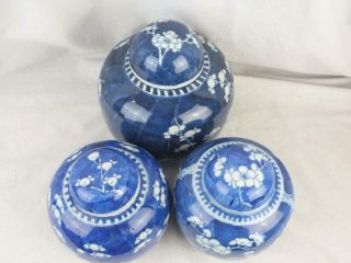 THREE 19TH C CHINESE KANGXI MARKS BLUE & WHITE PRUNUS PORCELAIN JARS AND COVERS 7