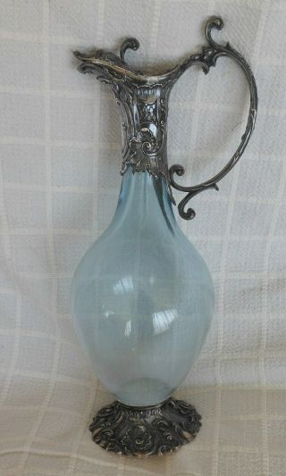 Antique 800 Continental Silver And Blue Glass Claret Jug Decanter Rinaldini 1904