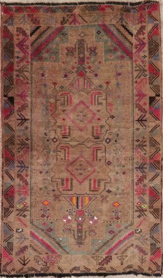Vintage Geometric Tribal BROWN/PINK Area Rug Distressed Oriental Wool Carpet 4x6 2