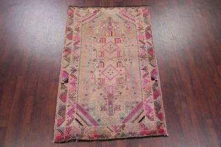 Vintage Geometric Tribal BROWN/PINK Area Rug Distressed Oriental Wool Carpet 4x6 3