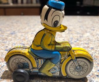 Rare Linemar Vintage Disney Donald Duck On Motorcycle Tin Toy Friction 3 "