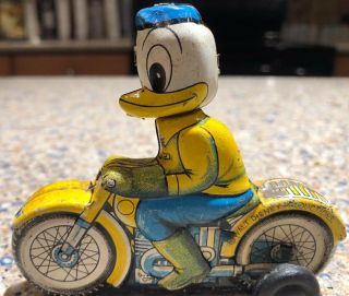 RARE Linemar Vintage Disney Donald Duck on Motorcycle Tin Toy Friction 3 