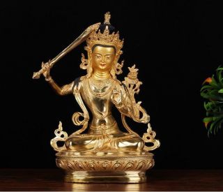 12 " Asian Antique Tibet Copper Gilt Hand Painting Manjusri Bodhisattva Statue