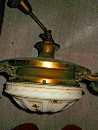 Vintage Chandelier Milk Glass Center Globe & 4 Side Lights Brass Fixtures 4