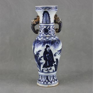 China Antique Porcelain Jingdezhen Yuan Blue & White Character Double Ears Vase