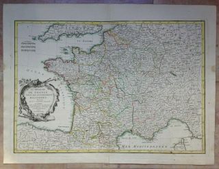 1762 Kingdom Of France By Bonne Lattre 18e Century Large Antique Engraved Map