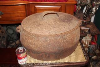 LARGE Antique Cast Iron Cauldron Cooking Pot W/Lid & Handle - Oval Shape Primitive 5