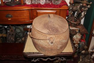 LARGE Antique Cast Iron Cauldron Cooking Pot W/Lid & Handle - Oval Shape Primitive 6