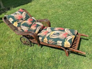 Antique Rattan Wicker Chaise Lounge Chair W/ Barkcloth Cushions