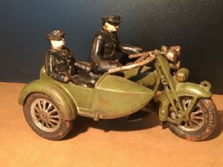 Vintage Harley Davidson Cast Iron Motorcycle Toy Police Sidecar